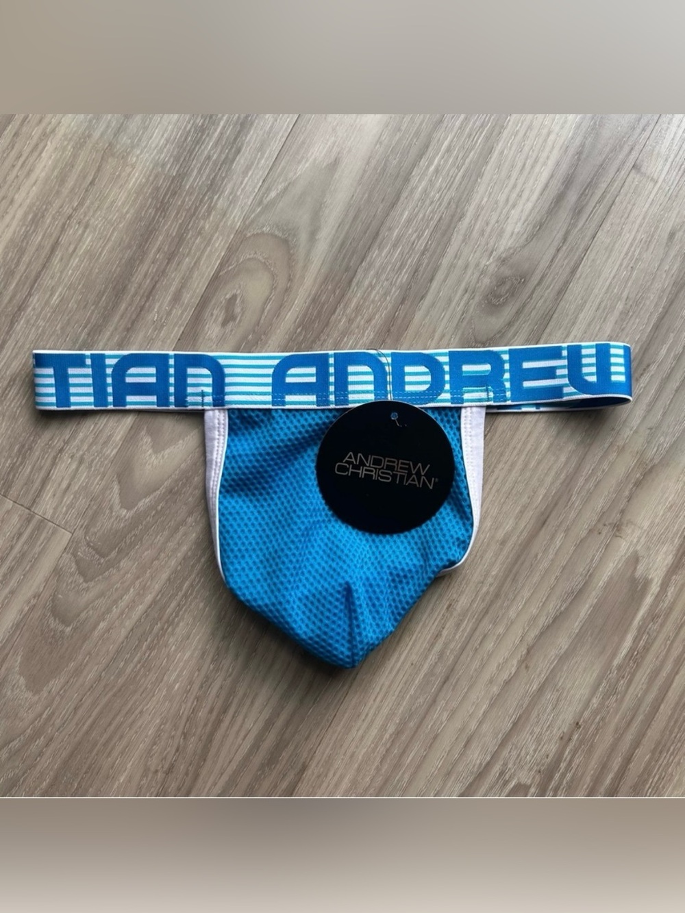 Andrew Christian | Vibrant Blue Mesh Y Back Thong with Almost Naked (Small) - Picture 4 of 15